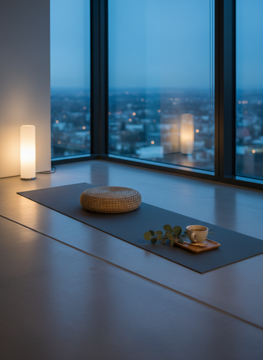 An uncluttered corner of a modern home studio, centered on an unrolled slate-gray yoga mat aligned precisely with the edge of smooth concrete flooring. A round woven jute cushion sits at the front of the mat, subtly indented to suggest recent use, beside a small wooden tray holding a ceramic cup of herbal tea and a sprig of fresh eucalyptus. Large floor-to-ceiling windows frame a blurred cityscape at dusk, with cool, diffused blue light mixing with a single warm floor lamp in the corner. Photographic realism, wide-angle composition, capturing the full vertical height of the space, evoking a calm, contemplative mood perfect for evening meditation and mindful breathing practice.