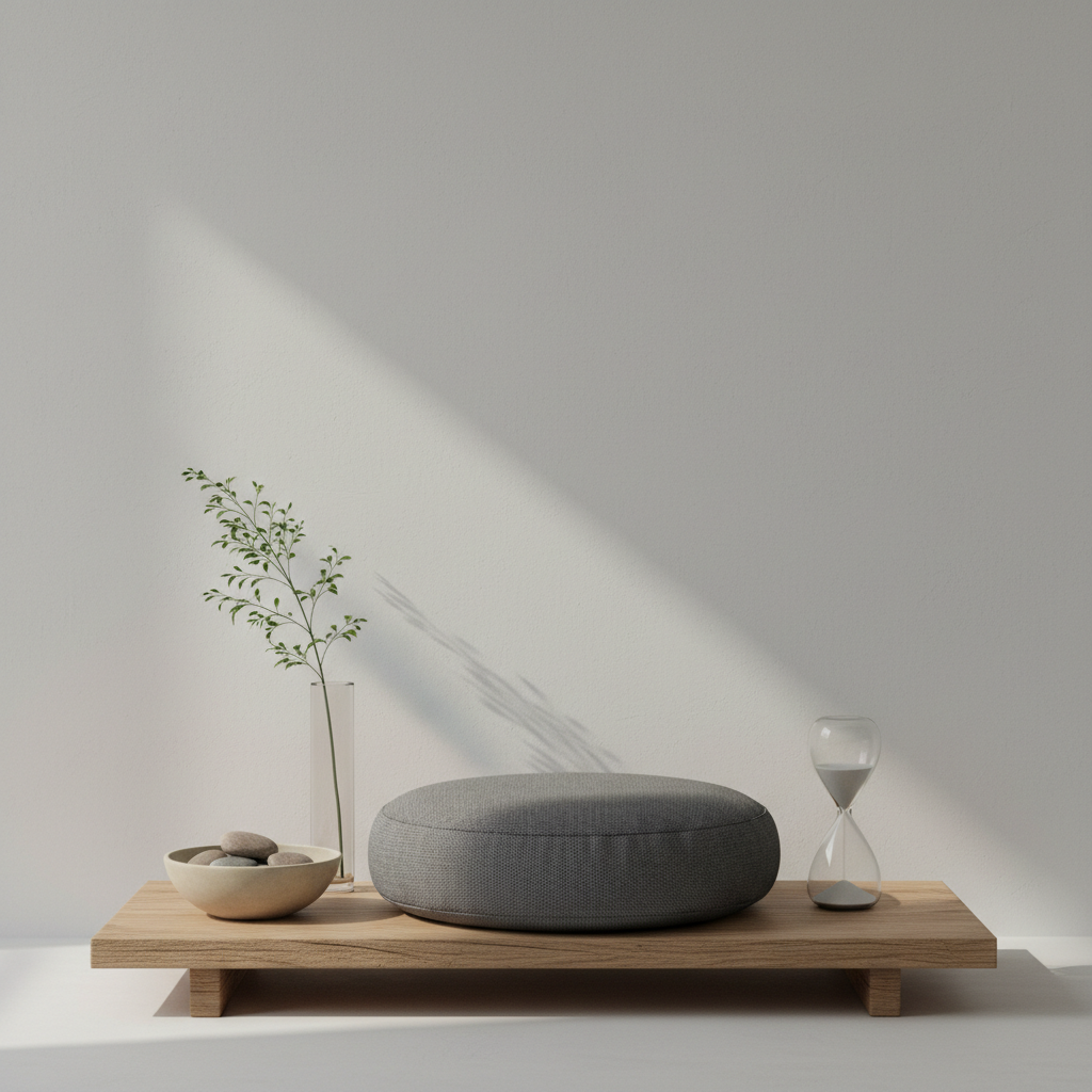 A tranquil meditation altar on a low, natural-wood platform in front of a matte off-white wall, designed for breathwork practice. At the center sits a round, charcoal-gray meditation cushion with visible linen weave, flanked by a slim sand timer and a minimal ceramic bowl holding smooth river stones. A slender glass vase with a single green branch adds height and elegance. Soft, diffused morning light enters from the left, creating subtle gradients across the wall and a calm interplay of light and shadow. Photographic realism, centered composition with generous negative space above, evoking a refined, contemplative mood ideal for focusing on slow, conscious breathing and mental clarity.