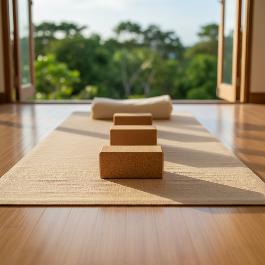 A close-up, photographic view of a soft sand-colored yoga mat laid out on a smooth bamboo floor, featuring a graceful sequence of beginner postures illustrated only through arranged props: three evenly spaced cork blocks and a neatly folded organic cotton blanket form a clear path along the mat. Behind them, an open window reveals lush, out-of-focus greenery and a hint of sky. Gentle late-afternoon light pours in, producing delicate highlights on the mat’s fine texture and faint shadows from the blocks. Shot from a slightly elevated angle with shallow depth of field, the composition feels instructional yet sophisticated, suggesting a gentle, step-by-step introduction to yoga and stretching without any human presence.