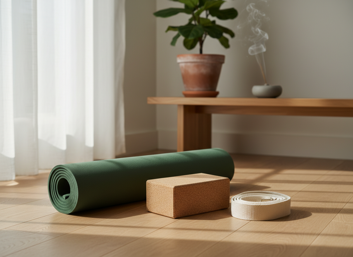 A neatly rolled, deep moss-green yoga mat with a fine, matte texture rests on warm, pale oak flooring in a minimalist living space. Next to it lies a cork yoga block and a simple cotton strap, their natural fibers clearly visible. In the background, a low wooden bench holds a ceramic incense holder and a single leafy plant in a clay pot. Soft morning light filters through sheer white curtains, casting gentle, elongated shadows and a tranquil glow. Photographic realism, shot at eye level with a subtle shallow depth of field, creating a serene, sophisticated atmosphere that invites beginners to start their yoga and meditation journey without distraction or clutter.