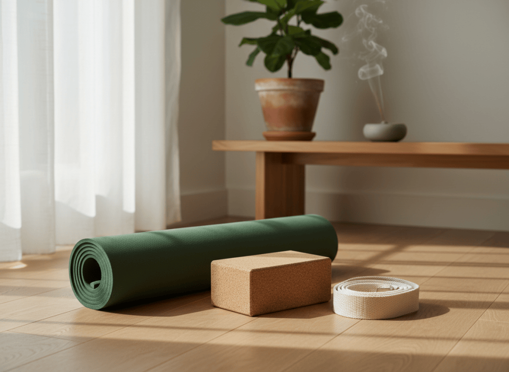 A neatly rolled, deep moss-green yoga mat with a fine, matte texture rests on warm, pale oak flooring in a minimalist living space. Next to it lies a cork yoga block and a simple cotton strap, their natural fibers clearly visible. In the background, a low wooden bench holds a ceramic incense holder and a single leafy plant in a clay pot. Soft morning light filters through sheer white curtains, casting gentle, elongated shadows and a tranquil glow. Photographic realism, shot at eye level with a subtle shallow depth of field, creating a serene, sophisticated atmosphere that invites beginners to start their yoga and meditation journey without distraction or clutter.