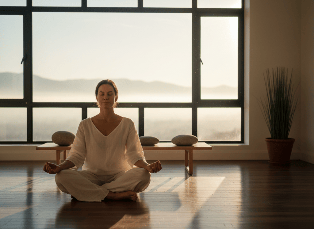 A serene woman in lotus meditation pose on a wooden floor near a large window, soft morning light streaming in, minimal interior, calm atmosphere, realistic photography style, no text