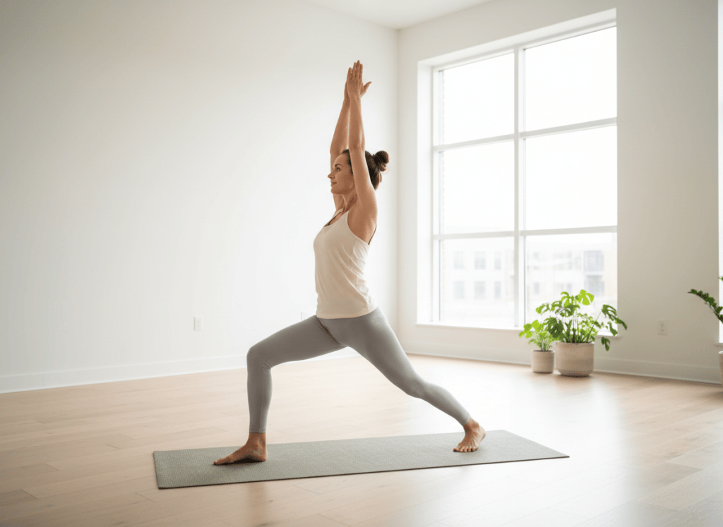A beginner doing a simple yoga warrior pose on a yoga mat in a bright minimal studio, natural light, peaceful atmosphere, realistic photography, no text, no watermark