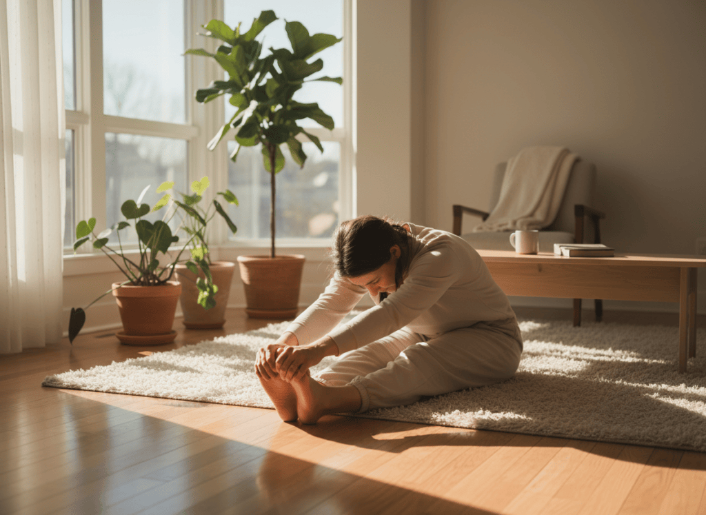 Person doing gentle stretching yoga pose at home on a wooden floor, cozy living room background with plants, morning light, relaxed and minimal, realistic photo, no text