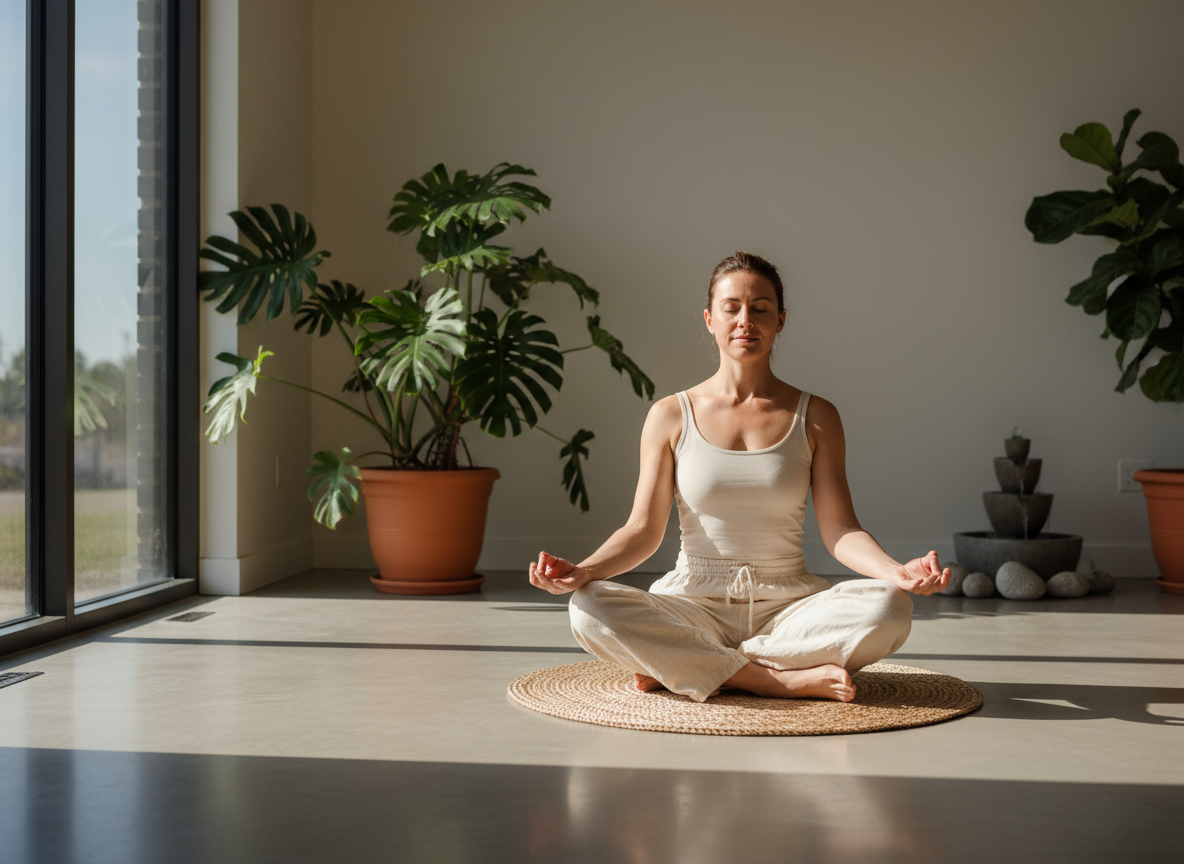 Sade bir yoga stüdyosunda mat üzerinde oturan eğitmen