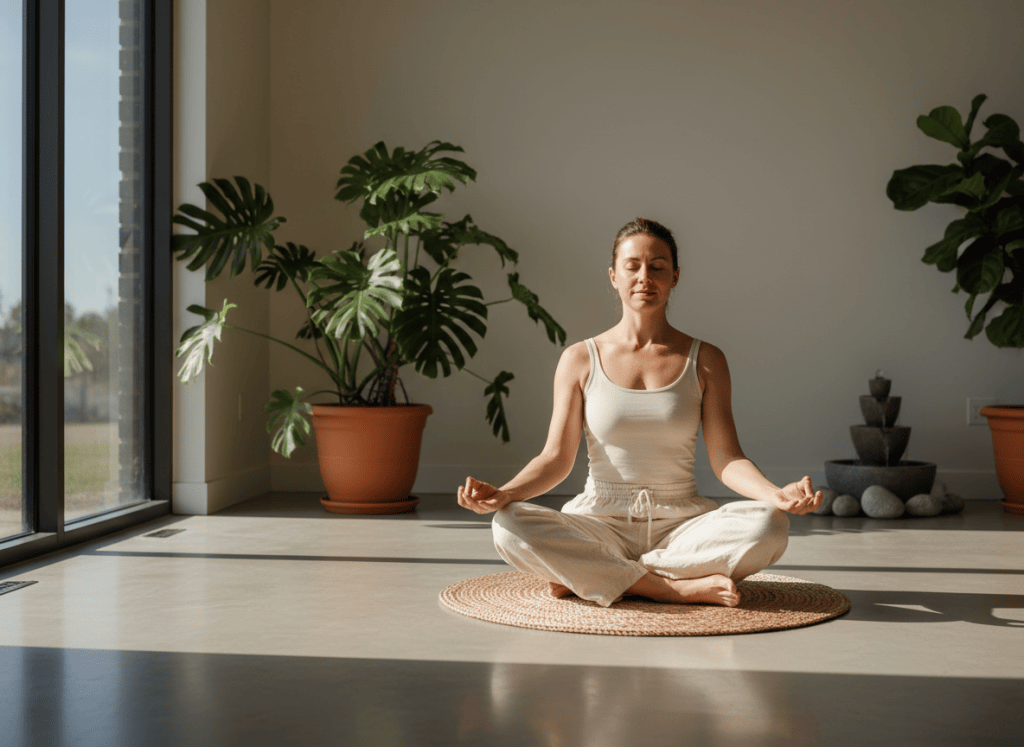 A calm yoga instructor sitting on a mat in a serene modern yoga studio, minimal decor, soft natural light, plants in background, realistic photography, no text